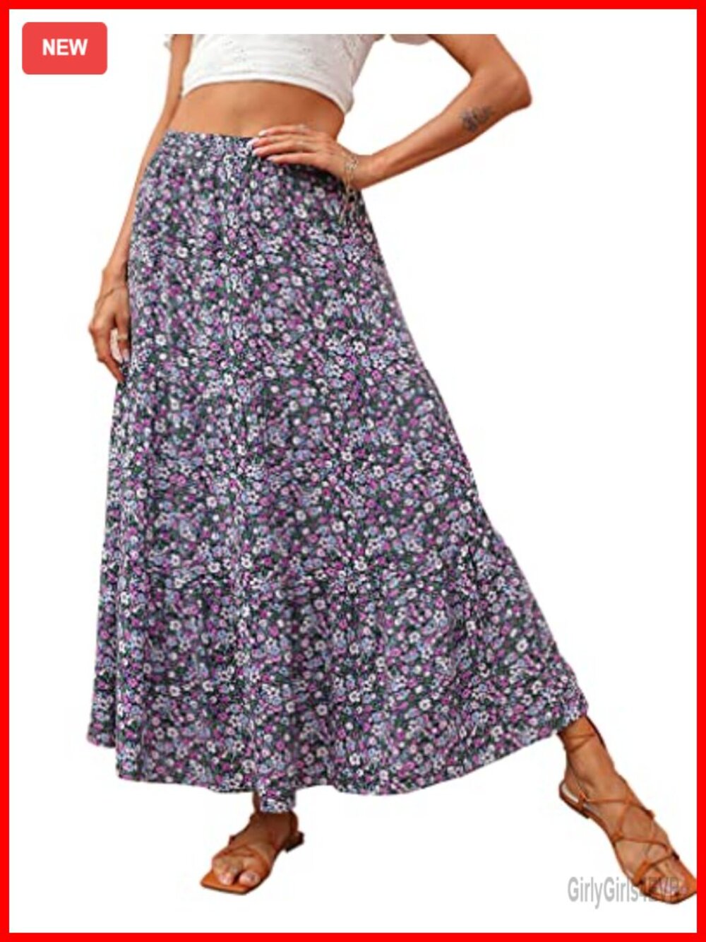 Women's Boho Floral Maxi Skirt High Waisted A-Line Chiffon Flowy Long Skirt